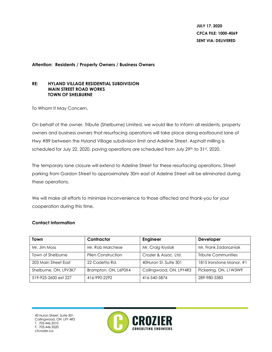 Hyland Village Notice RESIDENTIAL SUBDIVISION MAIN STREET ROAD WORKS TOWN OF SHELBURNE
