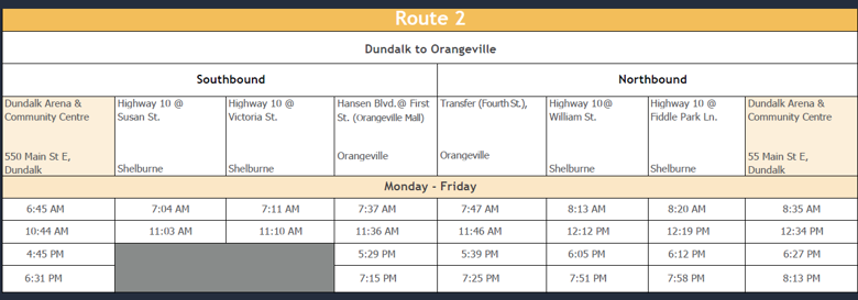 Screen shot of Route 2 transit schedule