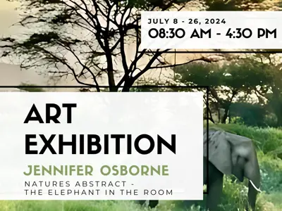 Photo of elephant and trees with details outlining when the art exhibit is
