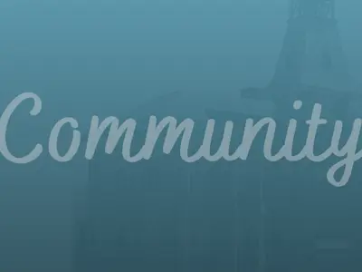 Word 'Community' on blue with Town Hall in background