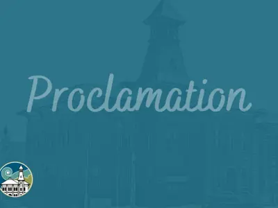 Word "proclamation" on blue background with townhall behind