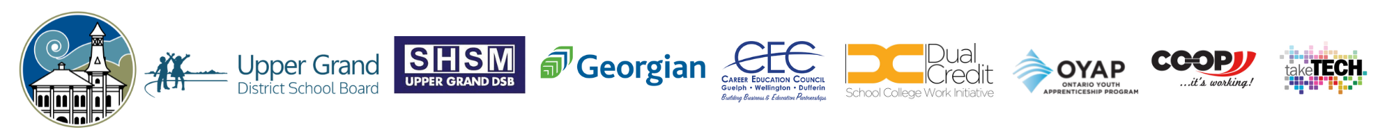 Partner Logos Town of Shelburne, Upper Grand District School Board, Georgian College,  Dual Credit, Coop, Take Tech and OYAP