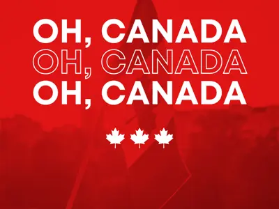 Red background with maple leafs, text says "oh canada, oh canada"